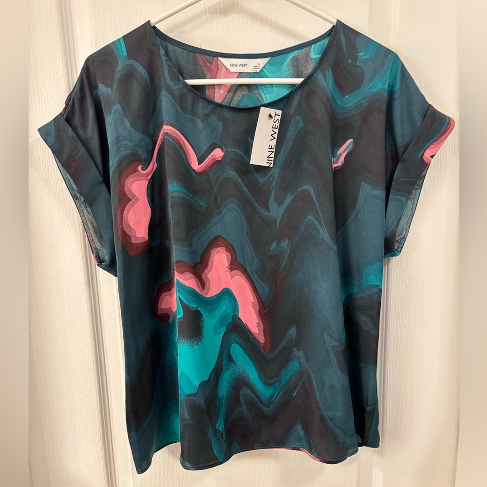 NWT Nine West Teal & Pink Abstract Blouse Size Large 100% Polyester
